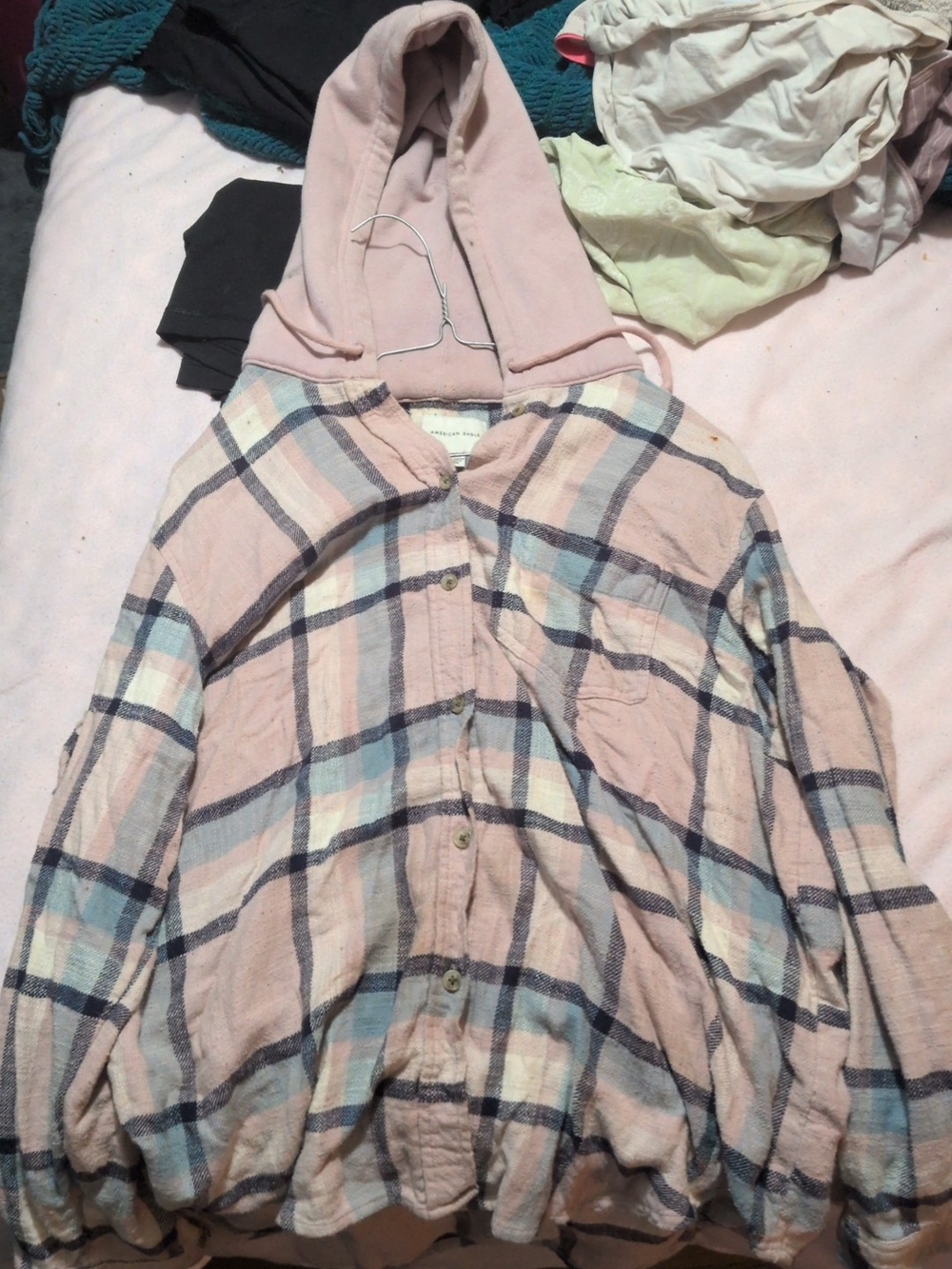American Eagle Light Pink Plaid Hooded Flannel Shirt Jacket